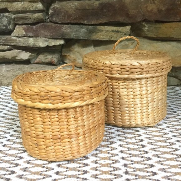 Other - 2 Wicker Baskets Lids Lg + Sm Boho Decor